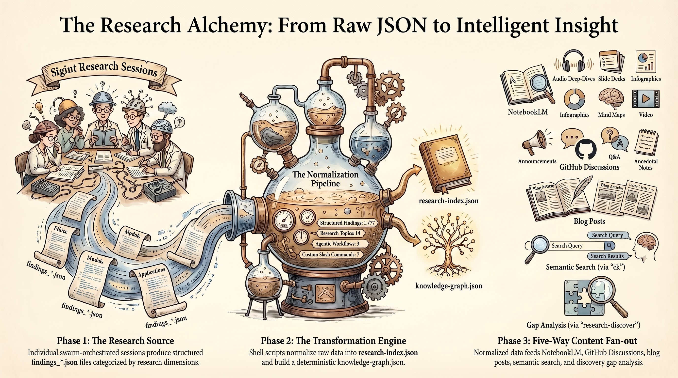 Content pipeline: from raw JSON findings to NotebookLM, Discussions, blog posts, and gap analysis